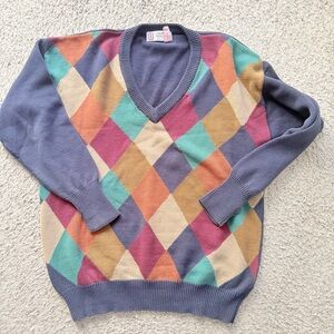 Slazenger Argyle V-Neck Sweater XL 100% Cotton Knit Golf